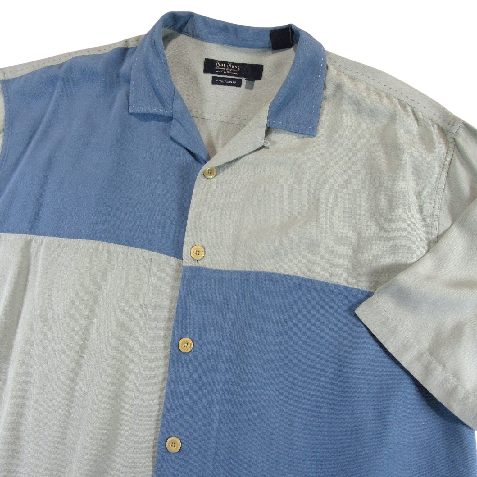 Nat Nast Mens Shirt 2xl American Fit Beige Blue Colorblock Silk Loop Collar Camp
